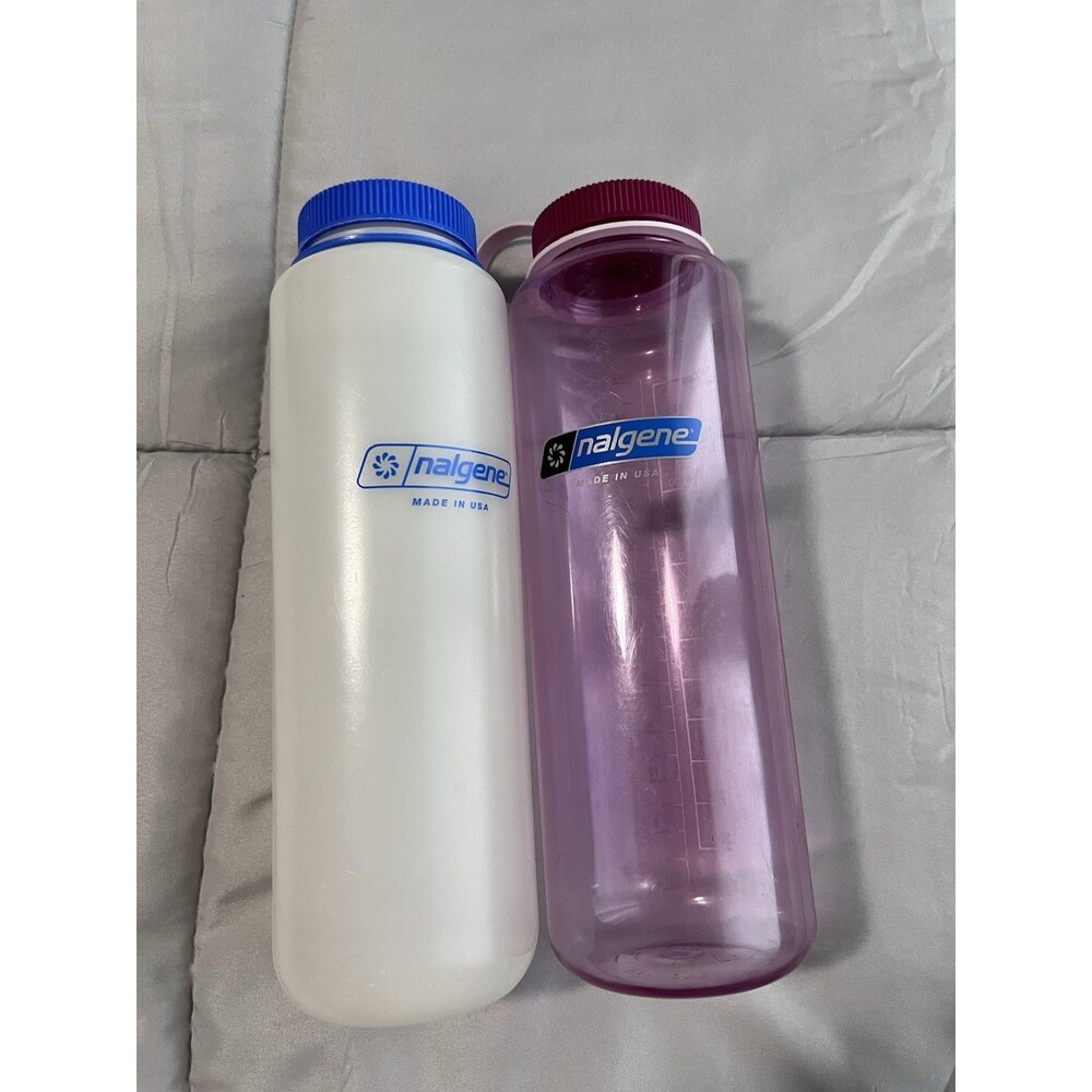 Nalgene 48 oz Wide Mouth Plastic Water Bottle Lot of 2 Screw-On Lid Handle - Picture 3 of 5